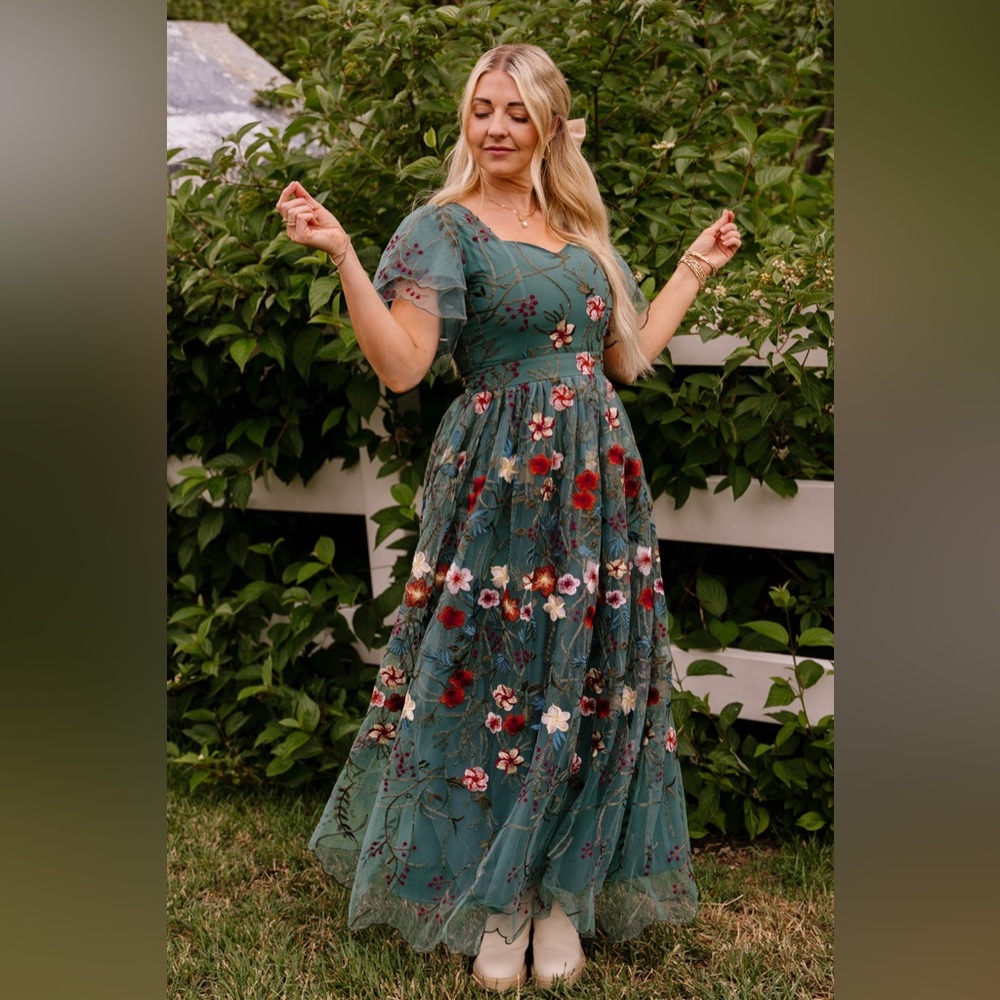 IVY CITY CO FLORA DRESS IN JADE tea length and fully embroidered overlay